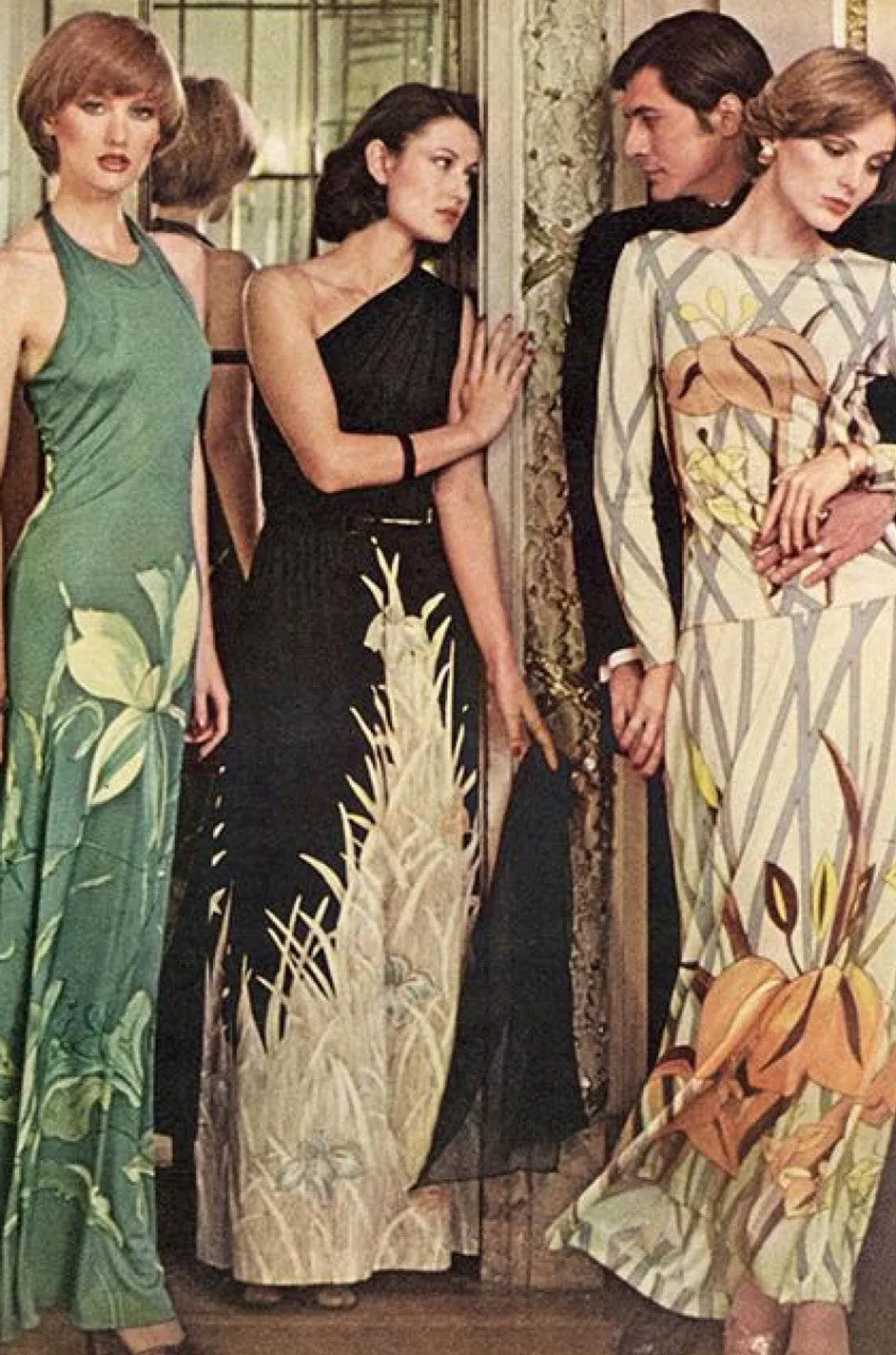 1976 One Shoulder Print Jersey Mac Tac Dress