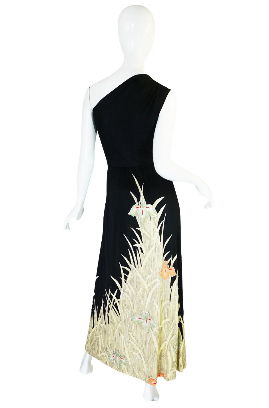 1976 One Shoulder Print Jersey Mac Tac Dress