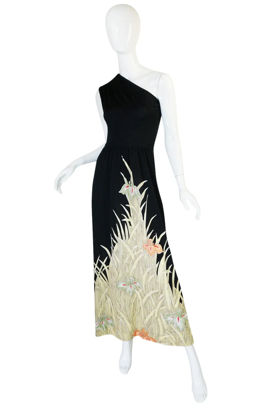 1976 One Shoulder Print Jersey Mac Tac Dress