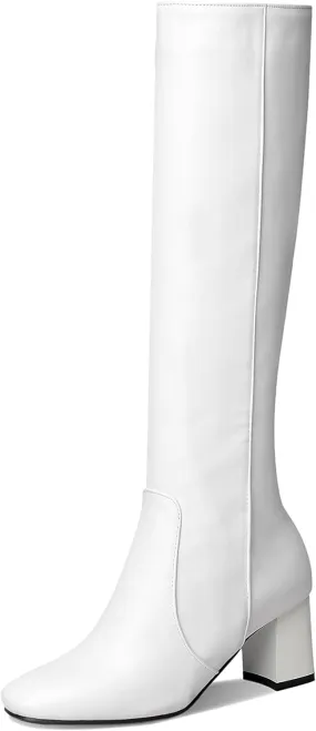 BEAUPAS Women's High Heel Knee High Boots Chunky Block Heels Zipper Shoes