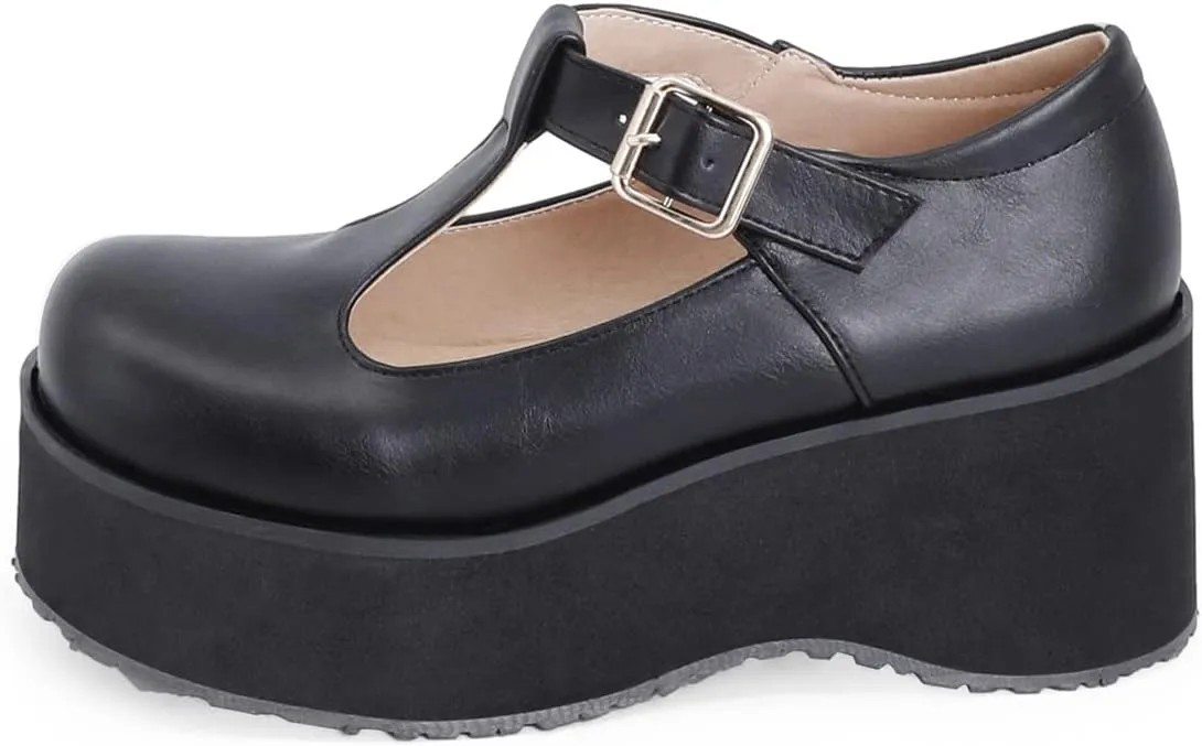 Betastella Women's T Strap Platform Mary Janes Goth Wedge Wingtips Vintage Gothic Shoes