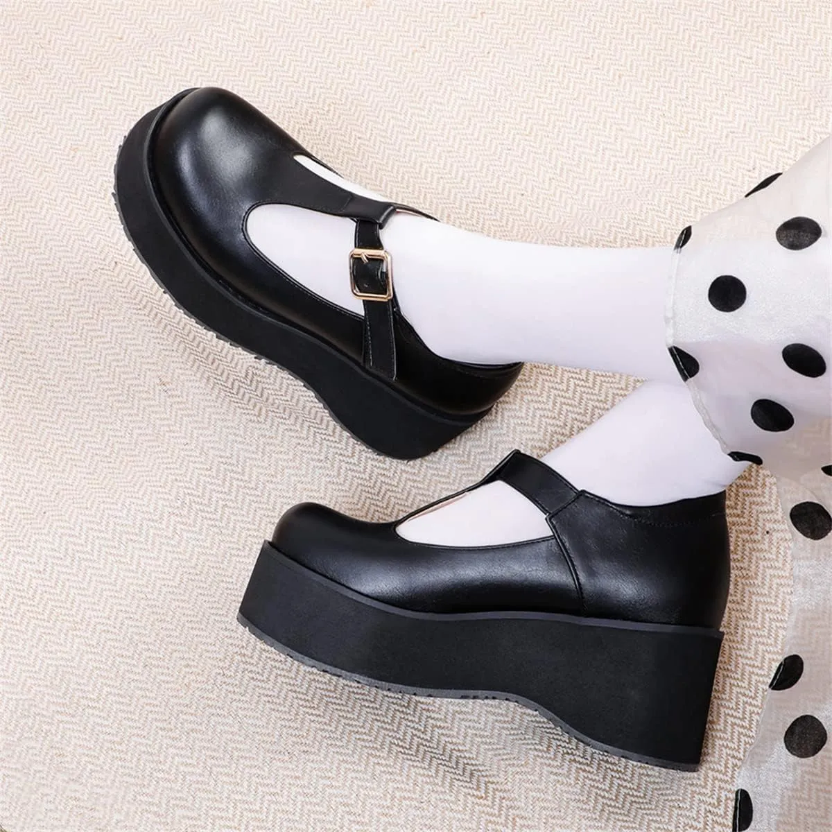 Betastella Women's T Strap Platform Mary Janes Goth Wedge Wingtips Vintage Gothic Shoes