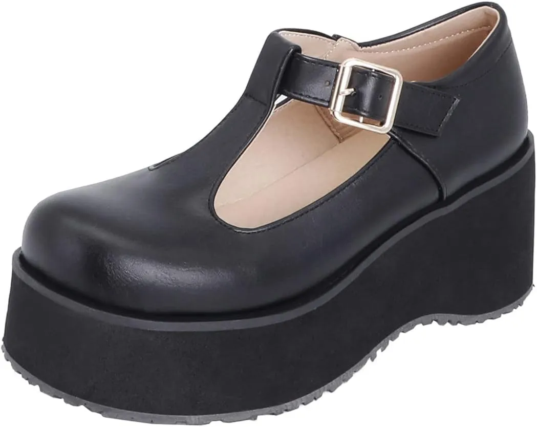 Betastella Women's T Strap Platform Mary Janes Goth Wedge Wingtips Vintage Gothic Shoes