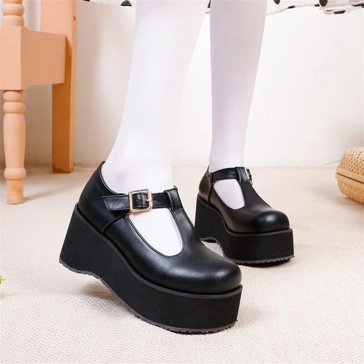 Betastella Women's T Strap Platform Mary Janes Goth Wedge Wingtips Vintage Gothic Shoes
