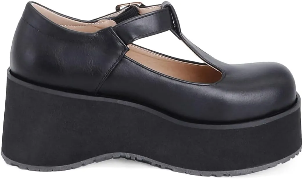 Betastella Women's T Strap Platform Mary Janes Goth Wedge Wingtips Vintage Gothic Shoes
