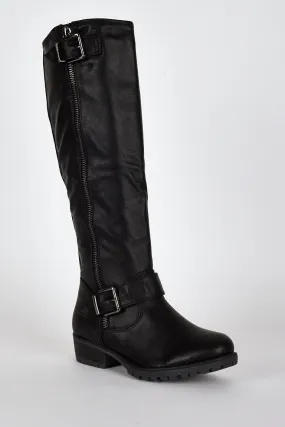 Black Buckle And Zip Detail Long Boots