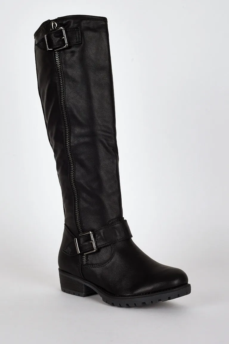 Black Buckle And Zip Detail Long Boots