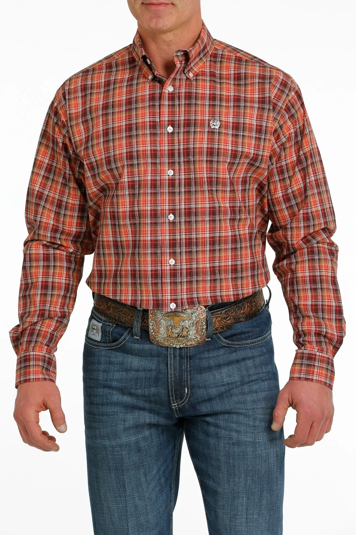 Cinch Mens Plaid Buttoned Down Western L/S Shirt - Red/Orange/Black - MTW1105524