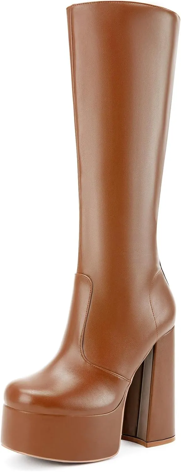 Coutgo Women's Platform Knee High Boots Chunky Heel Sexy Round Toe Side Zipper Long Boot
