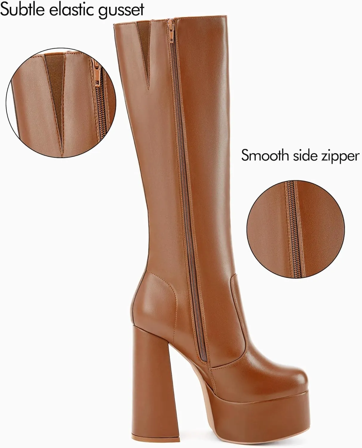 Coutgo Women's Platform Knee High Boots Chunky Heel Sexy Round Toe Side Zipper Long Boot
