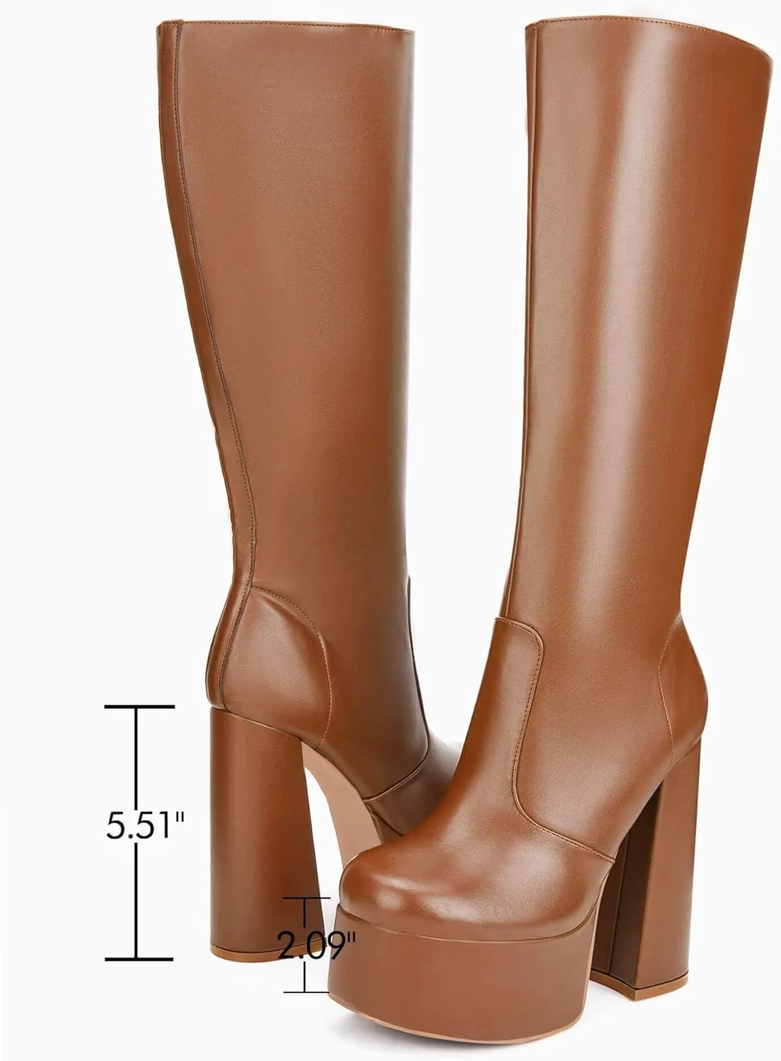 Coutgo Women's Platform Knee High Boots Chunky Heel Sexy Round Toe Side Zipper Long Boot