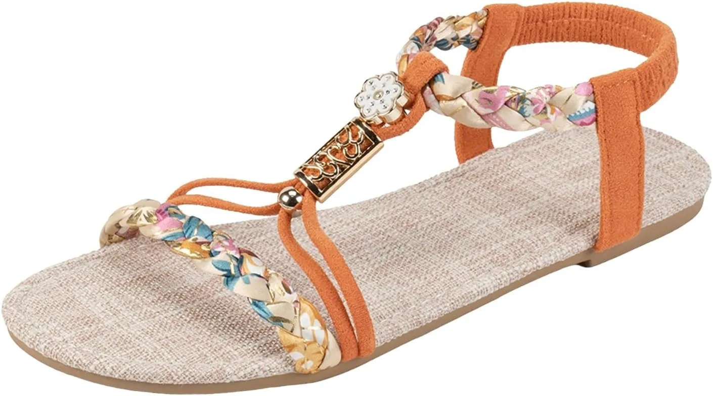 Flat Sandals For Women,Rhinestone Bohemian Braided Flat Sandals Comfortable Walking Casual Beach Ankle Elastic Summer Shoes