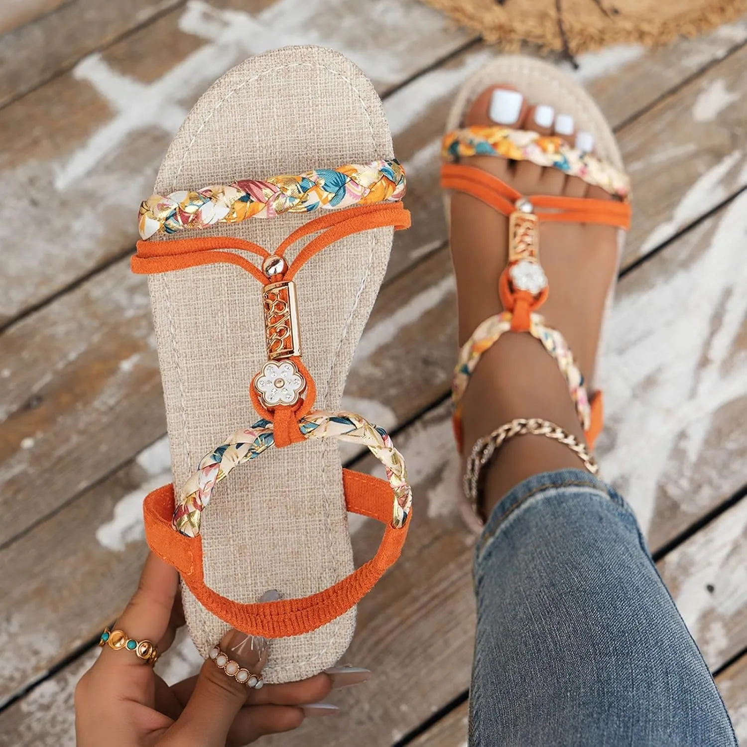 Flat Sandals For Women,Rhinestone Bohemian Braided Flat Sandals Comfortable Walking Casual Beach Ankle Elastic Summer Shoes