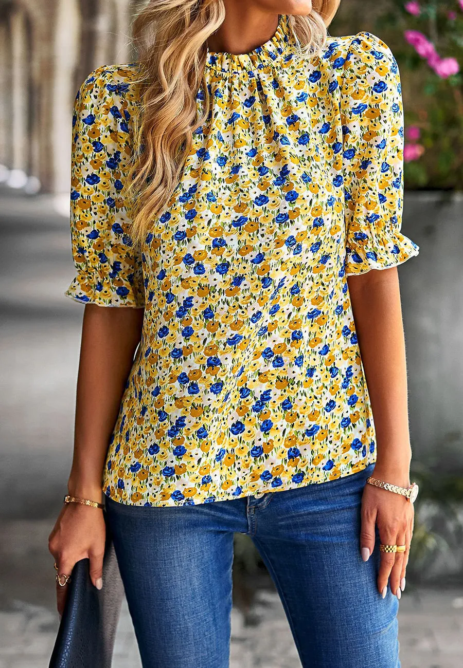Floral High Neck Vintage Blouse