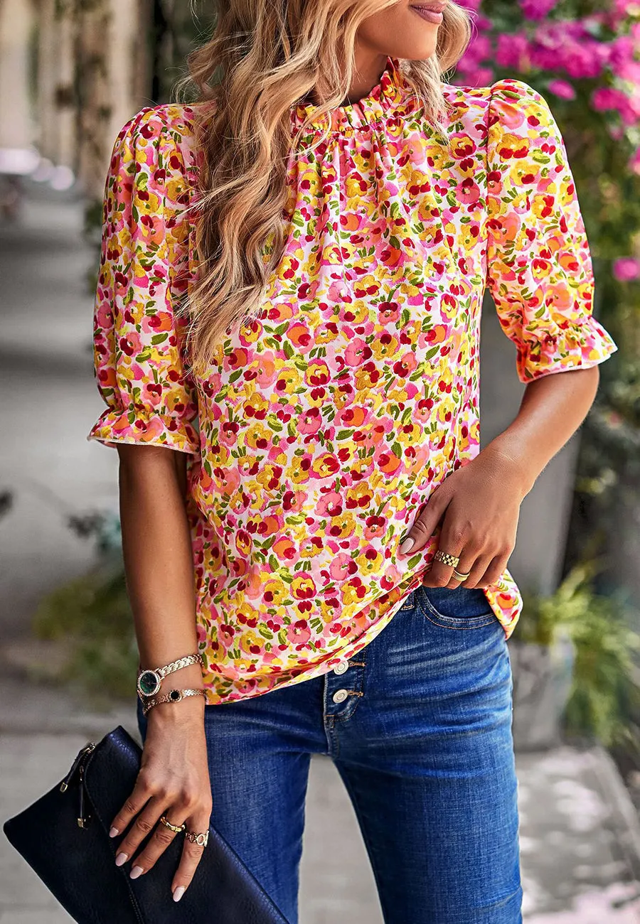 Floral High Neck Vintage Blouse