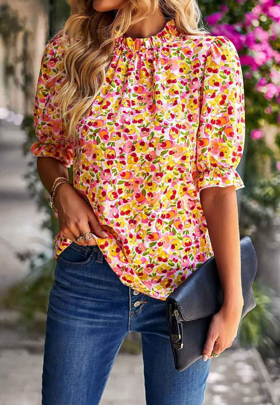 Floral High Neck Vintage Blouse