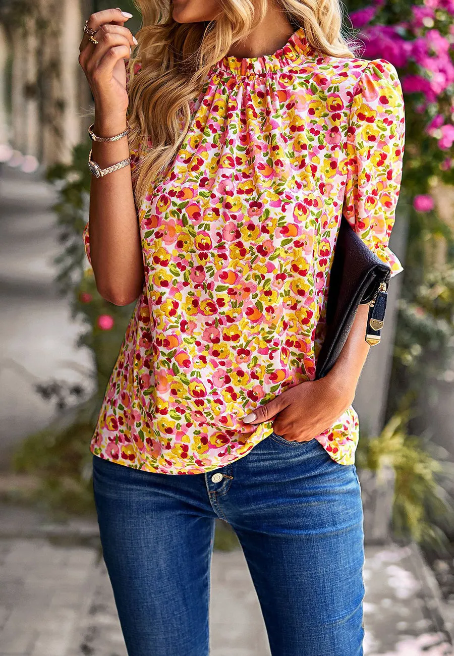 Floral High Neck Vintage Blouse