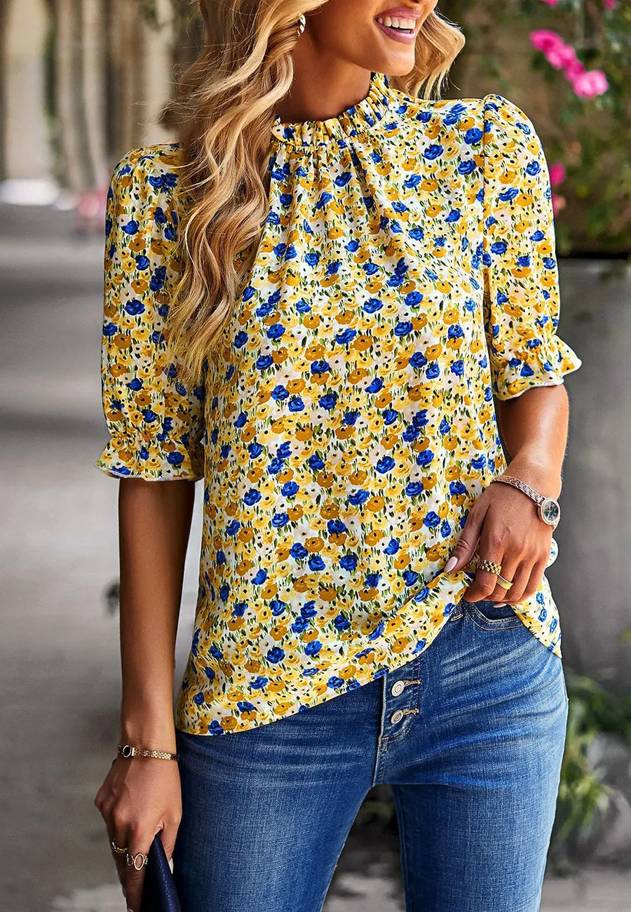 Floral High Neck Vintage Blouse