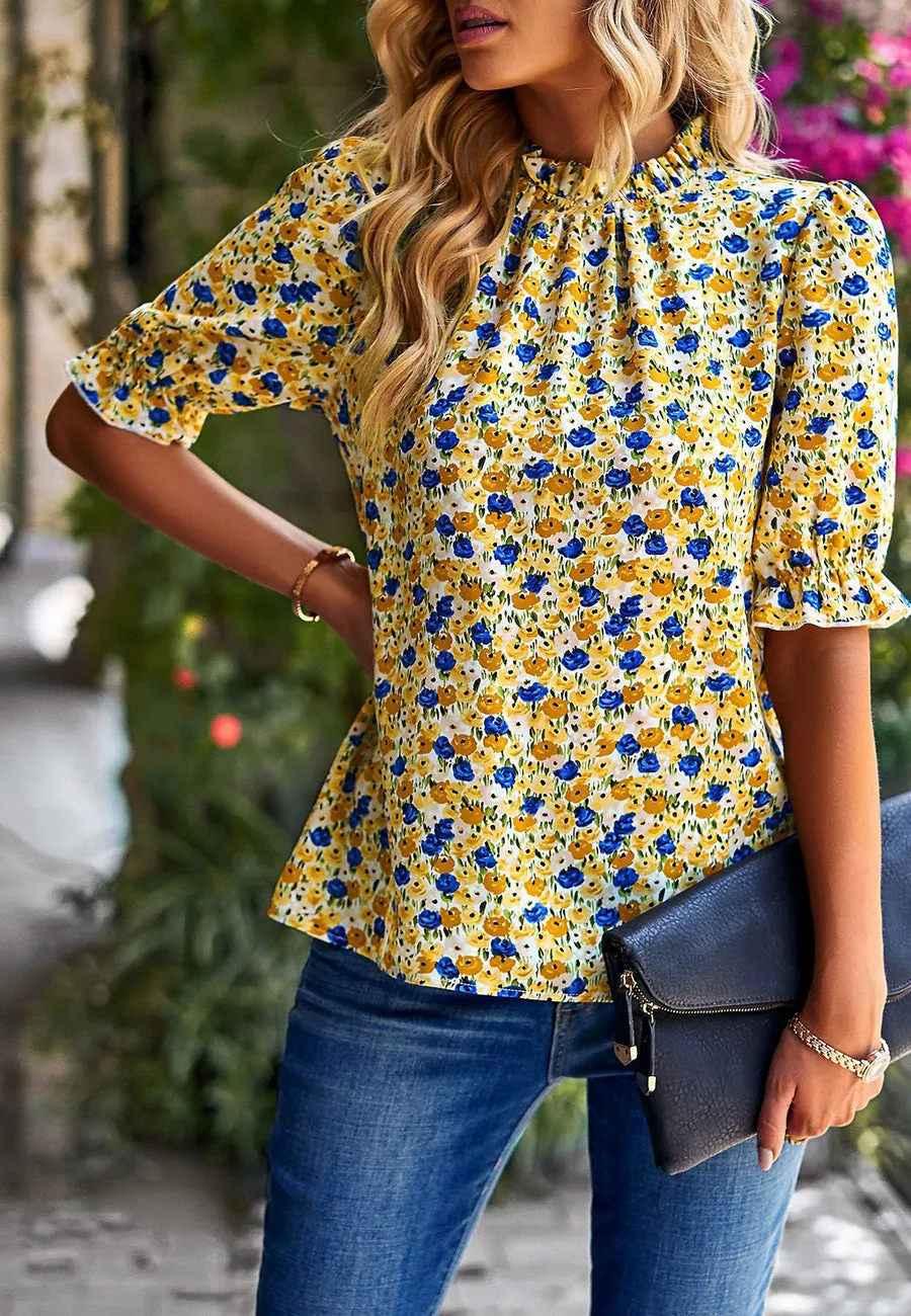 Floral High Neck Vintage Blouse