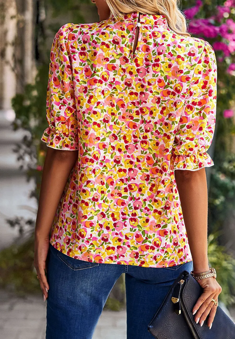 Floral High Neck Vintage Blouse