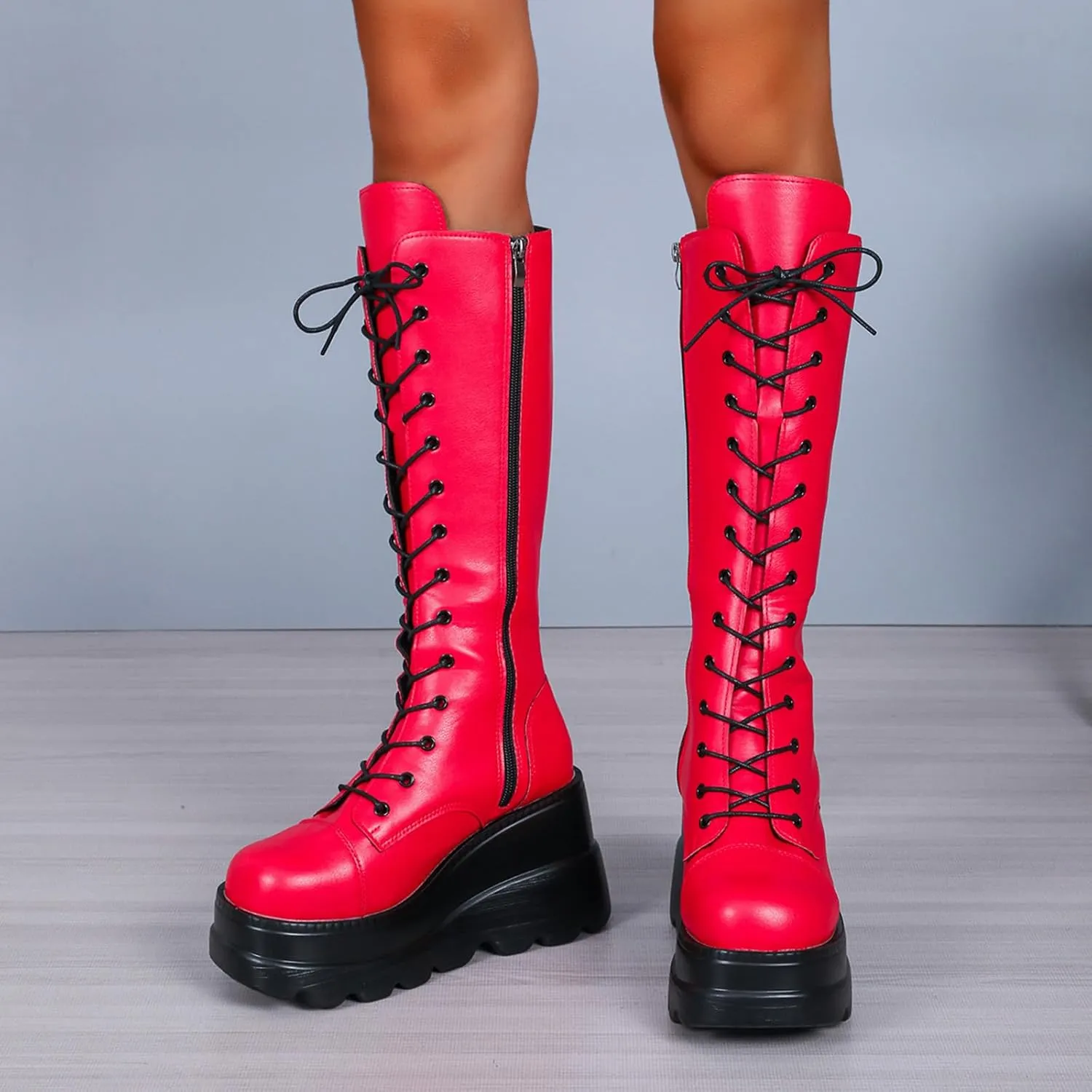 HINDOLA Women Platform Punk Goth Mid Calf Boots Chunky High Heel Round-Toe Back-Zip Knee High Motorcycle Booties Combat Boots