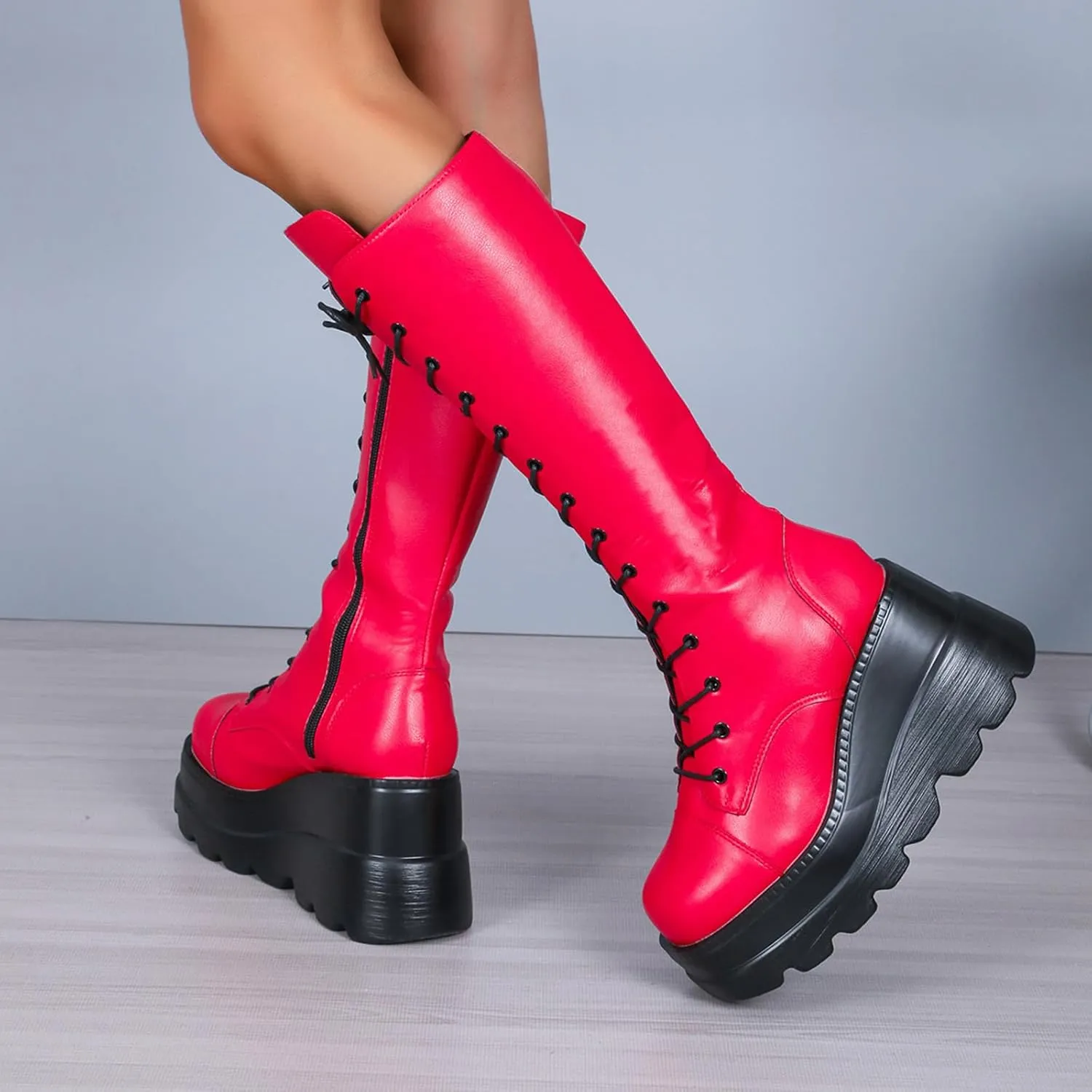 HINDOLA Women Platform Punk Goth Mid Calf Boots Chunky High Heel Round-Toe Back-Zip Knee High Motorcycle Booties Combat Boots