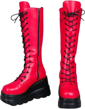 HINDOLA Women Platform Punk Goth Mid Calf Boots Chunky High Heel Round-Toe Back-Zip Knee High Motorcycle Booties Combat Boots