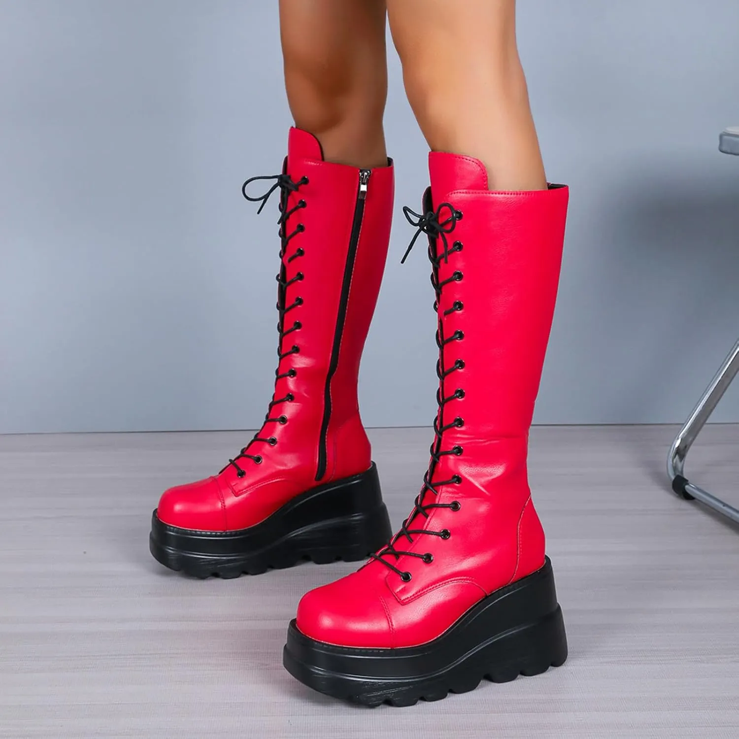 HINDOLA Women Platform Punk Goth Mid Calf Boots Chunky High Heel Round-Toe Back-Zip Knee High Motorcycle Booties Combat Boots