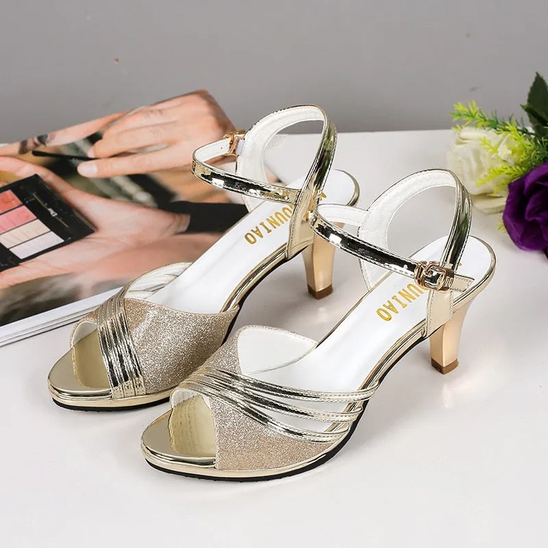 Hnzxzm Peep toe High Heels Sandals Women Summer Shoes Fashion Brand Women Sandals Casual Lady Heels 6cm Gold Silver Pink