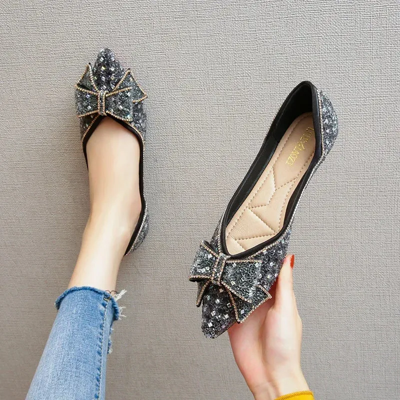 Hnzxzm Slip on Single Shoes Summer Flat 2024 New Butterfly Knot Rhinestone Shallow Mouth Plus Size Women's Shoe 41-43 Sapatos Femininos