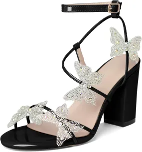 Joseywade Butterfly Heels Heeled Sandals Rhinestone Crystal Butterflies Heels Open Toe Chunky Block High Heels 3.5 Inch Women's Shoes