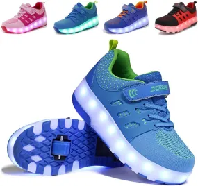 Led Wheel Shoes for Boys for Kids USB Rechargeable Double Roller Skates Flashing Skateboard Shoes for Boys and Girls OutdoorDouble Wheel Light Blue-USA 5
