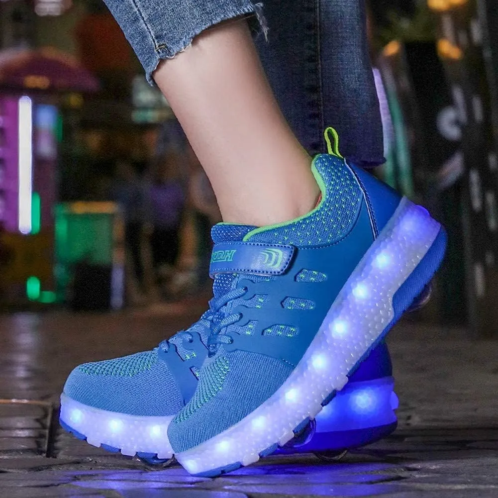 Led Wheel Shoes for Boys for Kids USB Rechargeable Double Roller Skates Flashing Skateboard Shoes for Boys and Girls OutdoorDouble Wheel Light Blue-USA 5