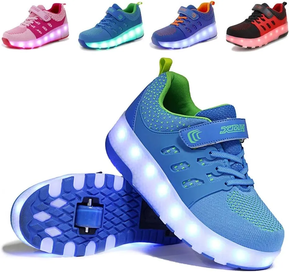 Led Wheel Shoes for Boys for Kids USB Rechargeable Double Roller Skates Flashing Skateboard Shoes for Boys and Girls OutdoorDouble Wheel Light Blue-USA 5