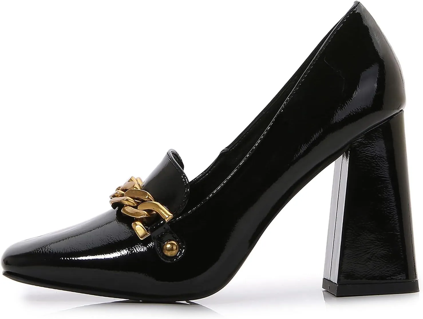 Lutalica W Women's Closed Square Toe Patent Leather Vintage Slip On Chain Buckle Chunky High Heel Dress Loafer Pumps