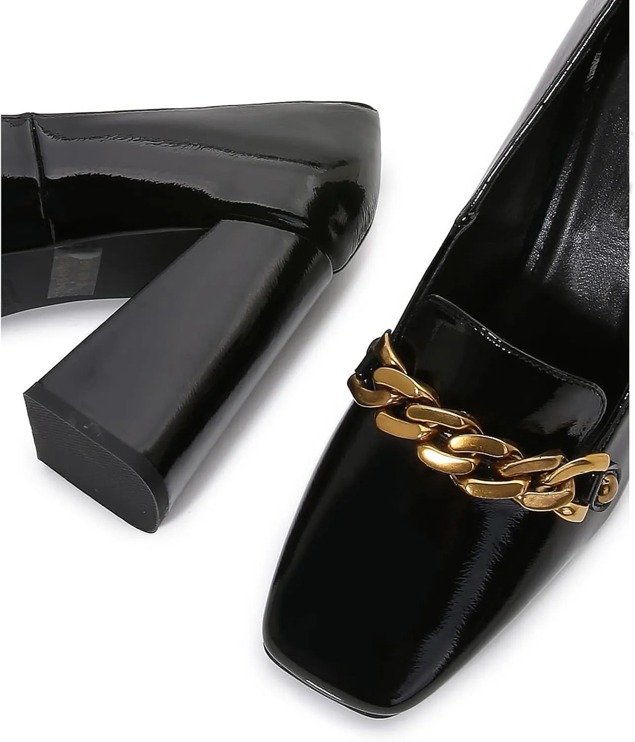 Lutalica W Women's Closed Square Toe Patent Leather Vintage Slip On Chain Buckle Chunky High Heel Dress Loafer Pumps