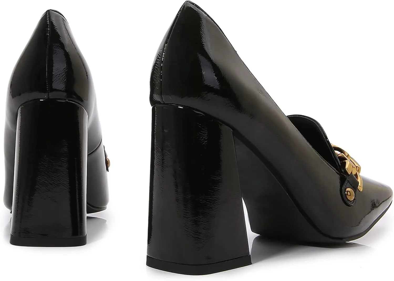 Lutalica W Women's Closed Square Toe Patent Leather Vintage Slip On Chain Buckle Chunky High Heel Dress Loafer Pumps
