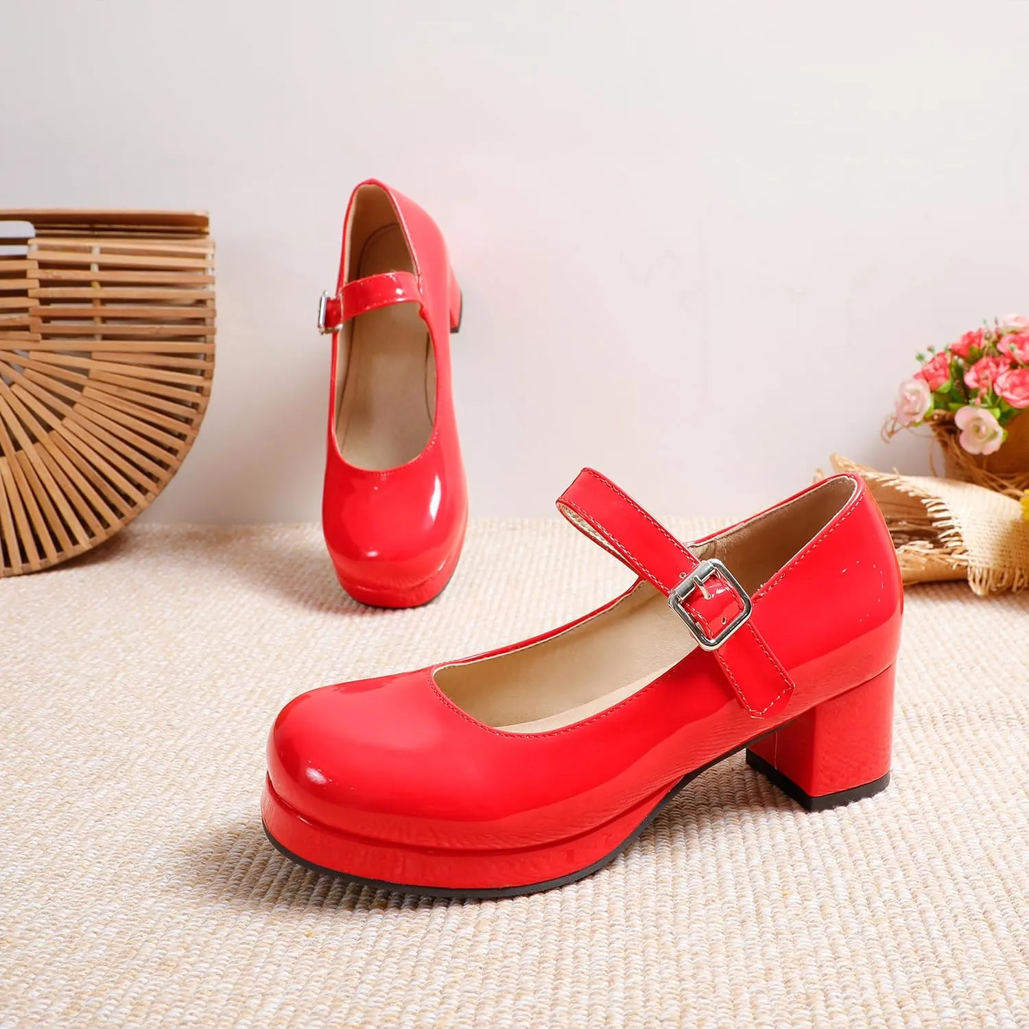 Mary Jane Heels Round Closed Toe High Block Chunky Heels Mary Jane Pumps Comfortable Vintage Heels Dress Shoes