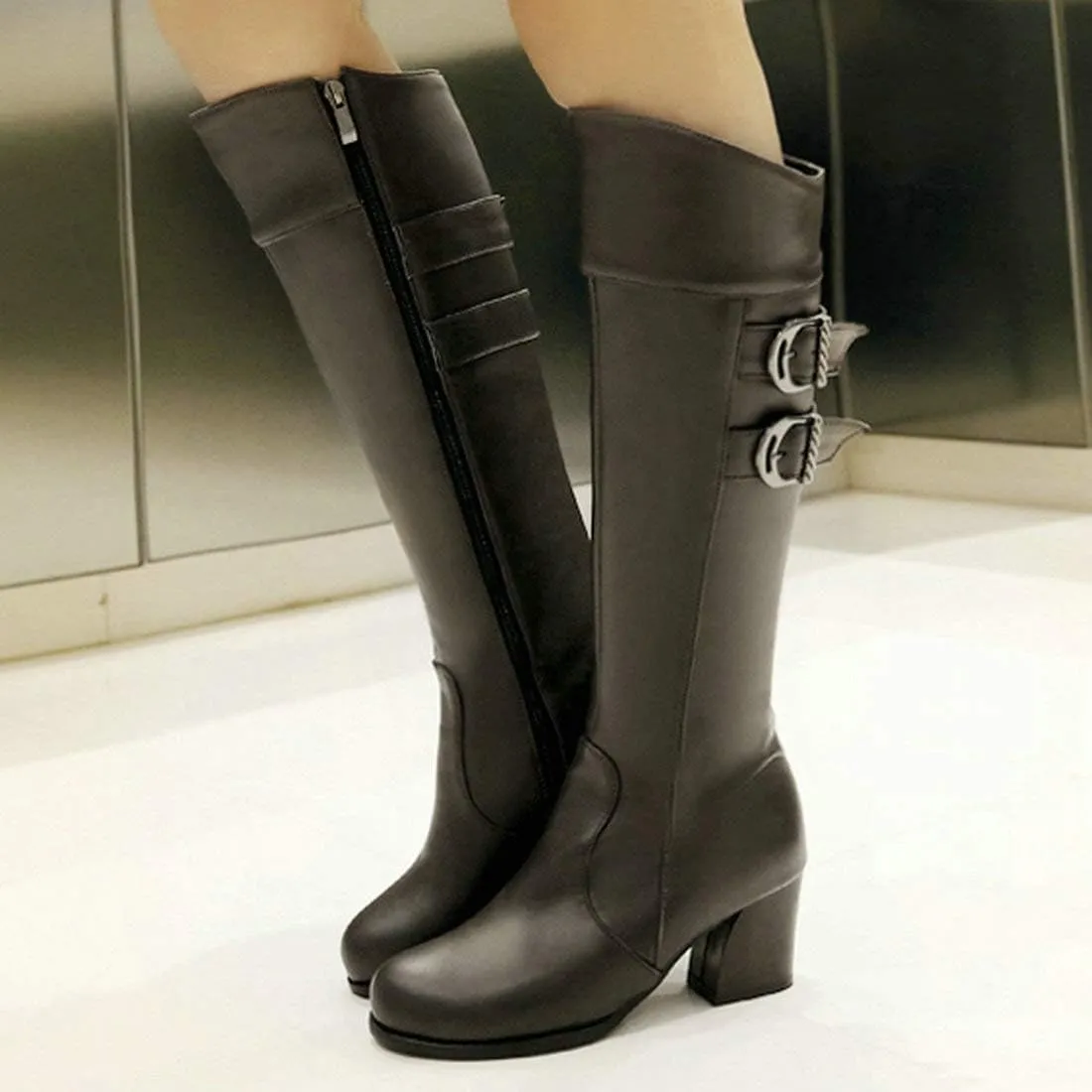 MAVMAX Women's Round Toe Knee High Riding Boots Chunky Heels Long Boots