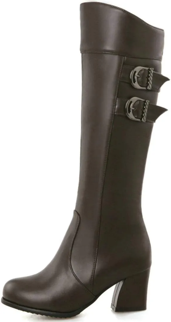 MAVMAX Women's Round Toe Knee High Riding Boots Chunky Heels Long Boots