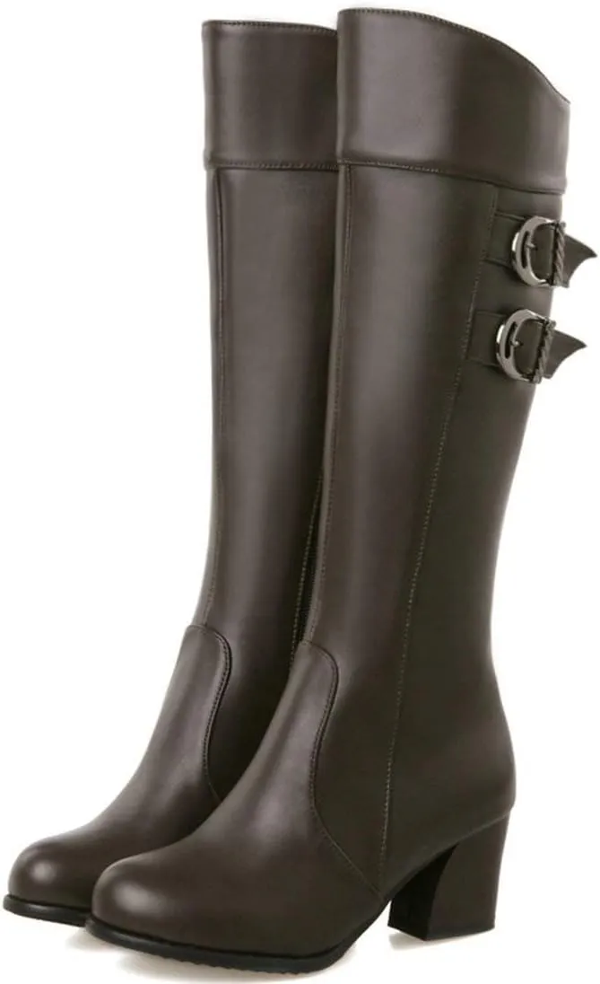 MAVMAX Women's Round Toe Knee High Riding Boots Chunky Heels Long Boots