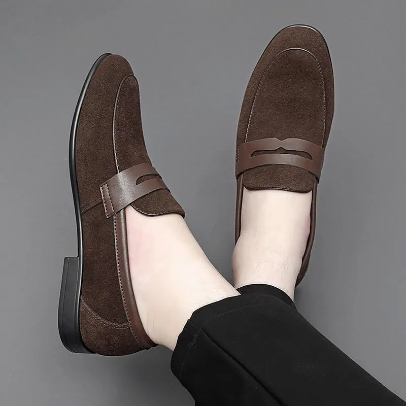 Men's Loafers Round Toe Suede Vamp Apron Toe Penny Loafers Lightweight Flat Heel Anti-Slip Fashion Slip-ons