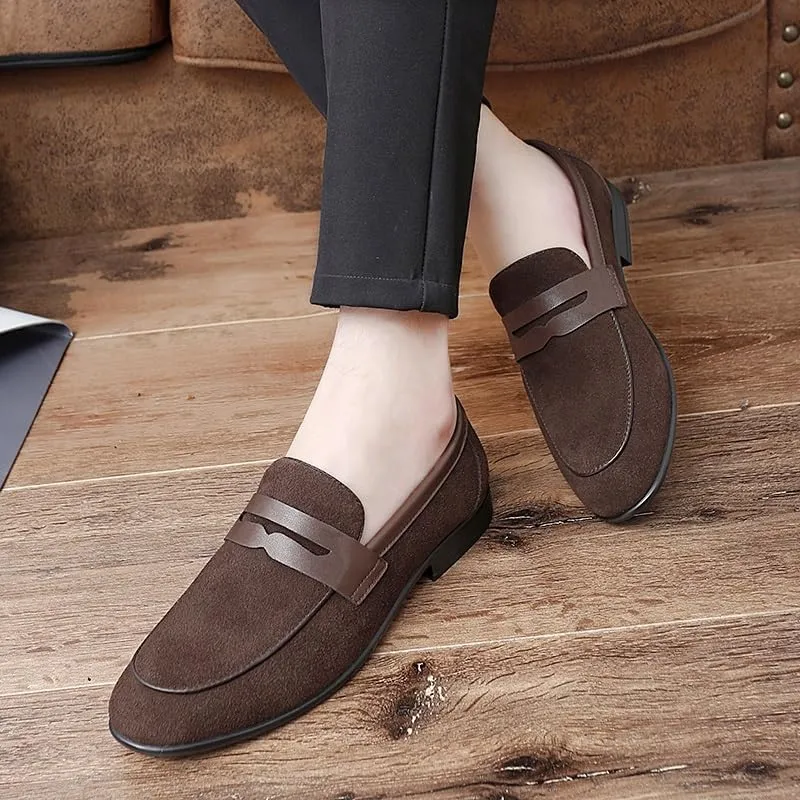 Men's Loafers Round Toe Suede Vamp Apron Toe Penny Loafers Lightweight Flat Heel Anti-Slip Fashion Slip-ons