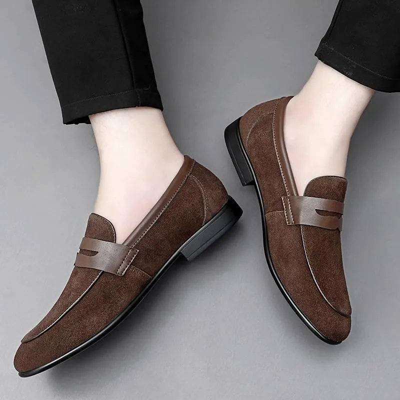 Men's Loafers Round Toe Suede Vamp Apron Toe Penny Loafers Lightweight Flat Heel Anti-Slip Fashion Slip-ons