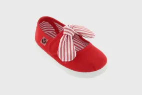 Red canvas mary jane with striped bow