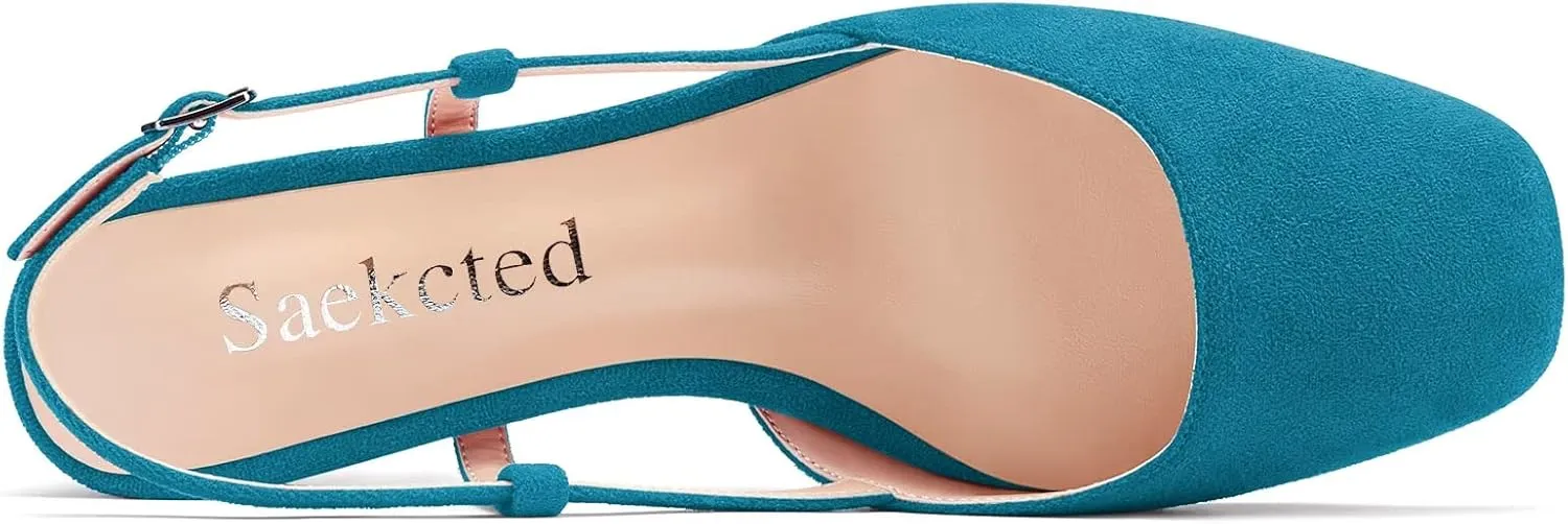 Saekcted Women Chunky Block Low Kitten Heel Square Toe Slingback Pumps Wedding Office Dress 1.4 Inches Heels