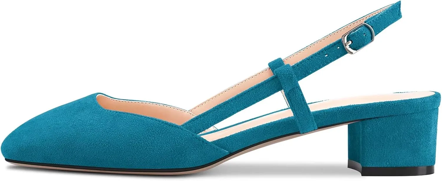 Saekcted Women Chunky Block Low Kitten Heel Square Toe Slingback Pumps Wedding Office Dress 1.4 Inches Heels