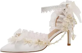 Sweet lace Lorita Bridal Wedding Dress high Heels Women's Shoes White Fringed Flowers Pointed Toe Girl high Heeled Sandals Medium Heel Shoes Low Heels