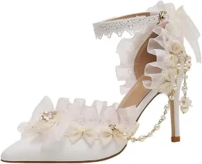 Sweet lace Lorita Bridal Wedding Dress high Heels Women's Shoes White Fringed Flowers Pointed Toe Girl high Heeled Sandals Medium Heel Shoes Low Heels
