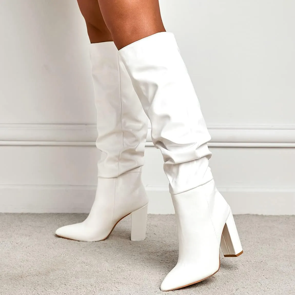 Trendenzy Women's Slouch Knee High Boots Pointed Toe Chunky Heel Long Boots